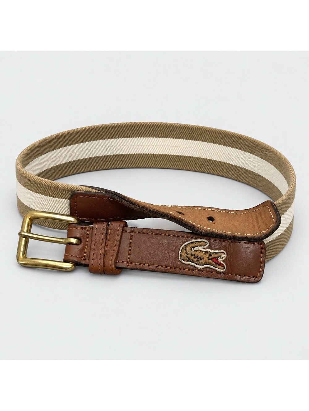 Vintage Lacoste Belt Mens 32 Brown Leather Tan Stripe Webbing Crocodile Preppy